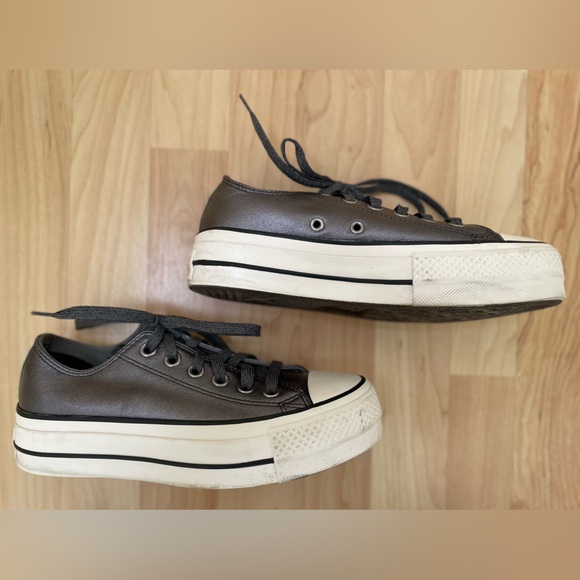 Converse platform All Star leather sneakers gunmetal gray w/ gray shimmer laces - Picture 9 of 11